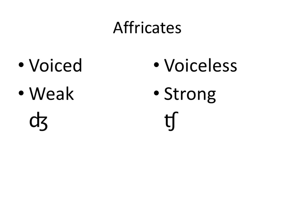 Affricates Voiced Weak ʤ Voiceless Strong ʧ